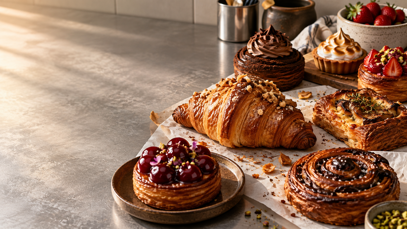 Small-batch pastries and desserts styled on a bakery table